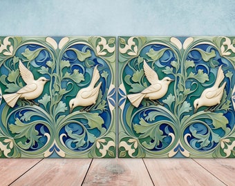 Keramiska plattor i jugendstil med fågelmotiv - Set med 2 väggdekorationer med blommotiv