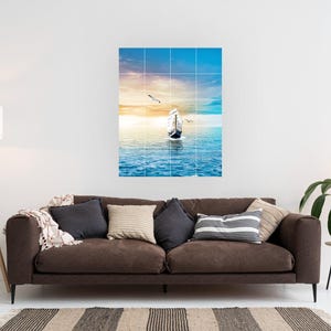 Tile Mural/Mosaic Ceramic Panel of a Ship - Sailing ship print- Ocean Waves Wall Mural -Tile Mural Art - Sunset Home Decor- Tile Mosaic