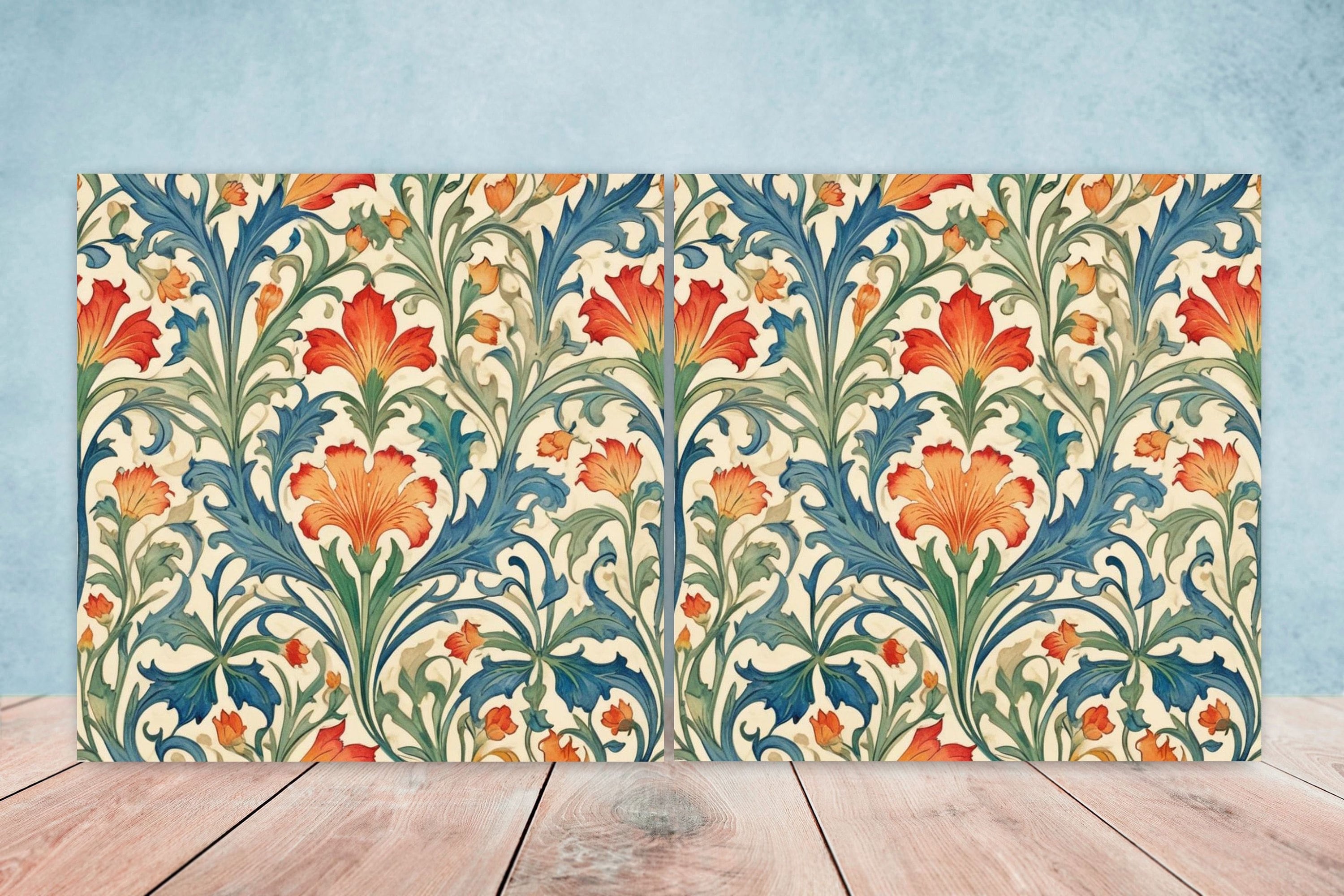 Art Nouveau Flower Ceramic Tiles - Set of 2 Art Nouveau Wall Decor Tiles - Kitchen Backsplash Tiles, Table Decorative Tiles, Bathroom Tiles