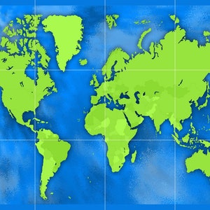 Puede incluir: Ilustraci&oacute;n digital de un mapa del mundo. Los continentes son de color verde brillante sobre un fondo azul texturizado. Se superponen l&iacute;neas de cuadr&iacute;cula. El mapa representa las masas terrestres de la Tierra.
