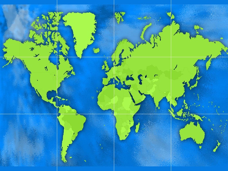 Puede incluir: Ilustraci&oacute;n digital de un mapa del mundo. Los continentes son de color verde brillante sobre un fondo azul texturizado. Se superponen l&iacute;neas de cuadr&iacute;cula. El mapa representa las masas terrestres de la Tierra.