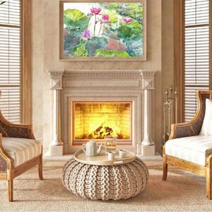 May include: A comfortable living room with a fireplace, adorned with a framed painting of lotus flowers. Two wicker armchairs with striped cushions are positioned on either side. A round ottoman with a tray and tea set is placed in front of the fireplace.