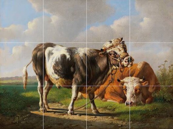 Cow Tile Mural: Albert Verhoesen Print, Farmhouse Kitchen