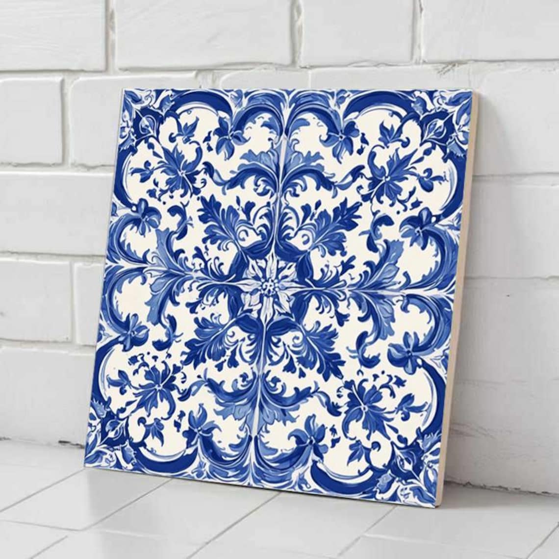 Blue Azulejo Ceramic Tile Portuguese Floral Wall Decor Mediterranean ...