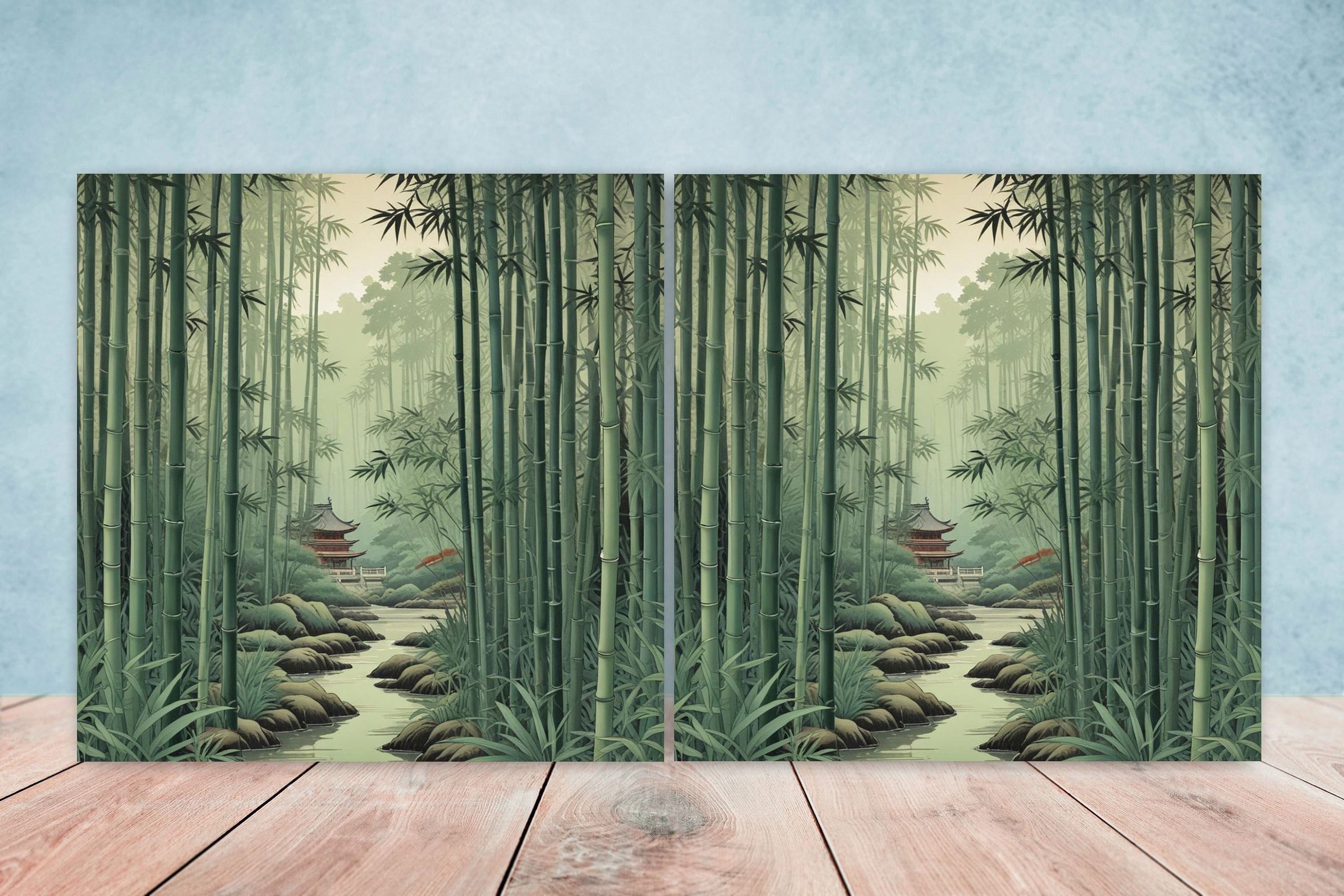 Japanese Bamboo Forest Ceramic Tile, Zen Nature Wall Decor, Green