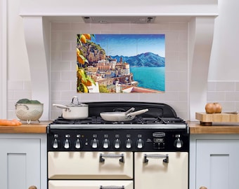 Mural de azulejos de la costa de Amalfi: paisaje italiano de cerámica brillante, arte mural italiano