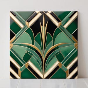 Art Deco Ceramic Tile Green: Geometric Wall Decor, Kitchen Backsplash Retro Bathroom Sink Splashback