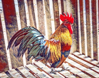 Tile Mural/Mosaic Ceramic Panel of a Rooster - Countryside Mural - Wall Nature Art - Rooster Mural - Tile Mural - Gloss Tiles - Tile Mosaic