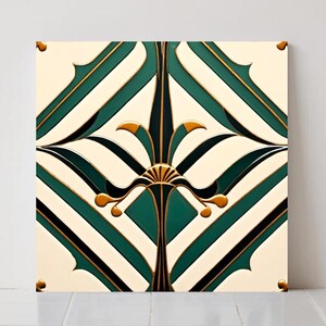 May include: Square decorative tile with a symmetrical design. The tile features a cream-coloured background with a repeating pattern of green, black, and gold geometric shapes. The corners have small gold accents.