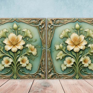 May include: Two ornate, gold-framed tiles with a raised, 3D design of white flowers on a teal background.
