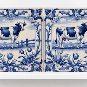 Delft Blue Tile Animal-Cow Tile -Set of 2 Ceramic Delftware Tiles-Delft Prints Countryside Wall Art,Kitchen Backsplash,Sink,Bathroom,Shower