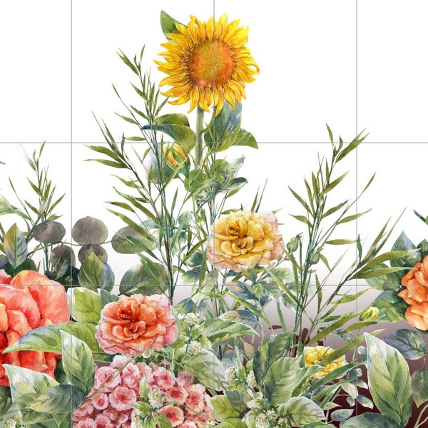 Tile Mural/Mosaic Ceramic of Flowers Watercolour Painting - Sunflower Mural - Flower Wall Art - Floral Tile Mural -Gloss Tiles - Tile Mosaic