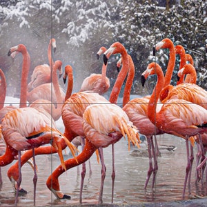 Tile Mural/Mosaic Ceramic Panel of Flamingos in the snow - Bird Wall Nature Art - Flamingos wall print - Home Decor -Tile Mosaic -wall tiles