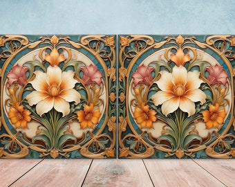 May include: Two square ceramic tiles with a raised, ornate design featuring a central flower with yellow, white, and orange petals surrounded by smaller flowers and leaves in shades of green, brown, and gold.