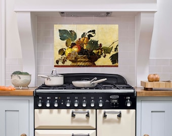 Mural de azulejos "Cesta de frutas" de Caravaggio: panel de cerámica brillante, arte mural botánico