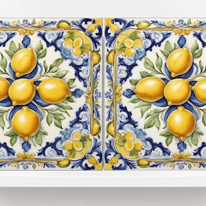 Italian Majolica Lemon Tiles - Set of 2 Mediterranean Wall Decor Fruit Tiles -Kitchen Backsplash,Bathroom,Shower ,Fireplace, Sink Splashback