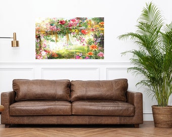 Tegelmuurschildering/mozaïek keramiek van bloemen aquarelverf - tuinmuurschildering - bloemmuurkunst - bloementegelmuurschildering - glanzende tegels - tegelmozaïek