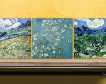 Van Gogh Set di 3 piastrelle in ceramica, piastrelle decorative in ceramica, piastrelle backsplash cucina, piastrelle bagno, arte murale Van Gogh, stampa Van Gogh