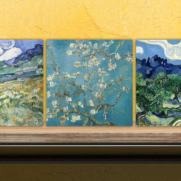 Van Gogh Set mit 3 Keramikfliesen, Keramikdekorfliesen, Küchenfliesen, Van Gogh Wandkunst, Van Gogh Druck