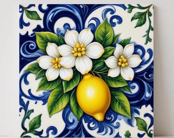 Piastrella in maiolica italiana con motivo a limone e frutta: decorazione murale in ceramica mediterranea con fiori di Amalfi