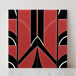 Azulejos cerámicos rojos estilo art déco con estampado geométrico para pared y salpicadero de cocina.