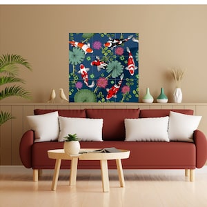 May include: A red couch with white pillows in front of a wall with a blue and green print of koi fish and flowers.