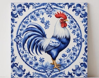 Delft Blue Rooster Tile: Dutch Ceramic Wall Art, Countryside Home Bathroom Decor Kitchen Backsplash