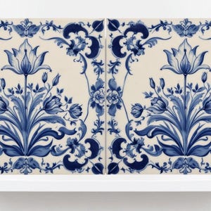 Delft Tulip Tile - Delft Blue Tile - Set of 2 Ceramic Delftware Tiles- Flower Tiles - Delft Prints Wall - Kitchen Backsplash, Sink,Bathroom