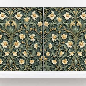 May include: Two decorative panels with a repeating floral pattern. The design features cream-coloured flowers and gold accents against a dark teal background. The panels are displayed on a white shelf.