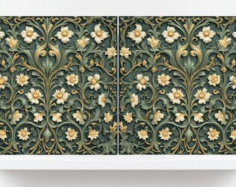 Green Art Nouveau Floral Ceramic Tiles - Botanical Wall Decor, Set of 2
