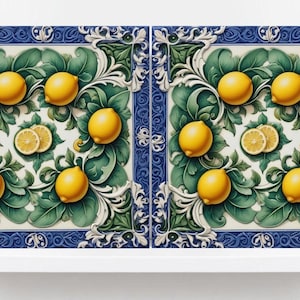 Italian Majolica Lemon Tiles - Set of 2 Mediterranean Wall Decor Tiles -Kitchen Backsplash,Bathroom,Shower Wall,Fireplace, Sink Splashback