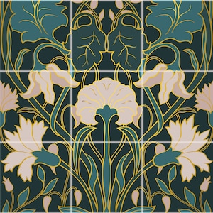 Art Nouveau Floral Ceramic Tile Mural/Mosaic - Art Nouveau Wall Decor Tiles - Flower Mural - Floral Print -Kitchen Backsplash Tiles,Bathroom