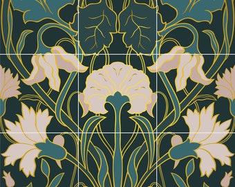 Art Nouveau Floral Ceramic Tile Mural/Mosaic - Art Nouveau Wall Decor Tiles - Flower Mural - Floral Print -Kitchen Backsplash Tiles,Bathroom