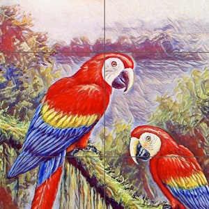 Fliese Wandbild/Mosaik Keramik Panel von Papageien im Dschungel - Parrtos Wanddruck - Tropischer Naturdruck - Fliesenbild -Glanzfliesen -Fliesenmosaik