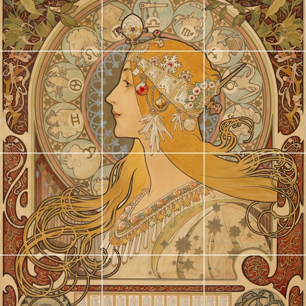 Fliesenbild/Mosaik-Keramikplatte von Alphonse Mucha - Alphonse Mucha Wanddruck - Mucha Wandkunst - Fliesenbild -Alphonse Mucha la Plume