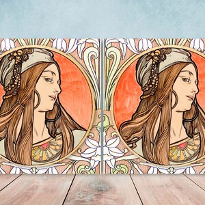 Art Nouveau Flower Ceramic tiles - Set of 2 Art Nouveau Wall Decor Tiles - Kitchen Backsplash Tiles, Table Decorative Tiles, Bathroom Tiles