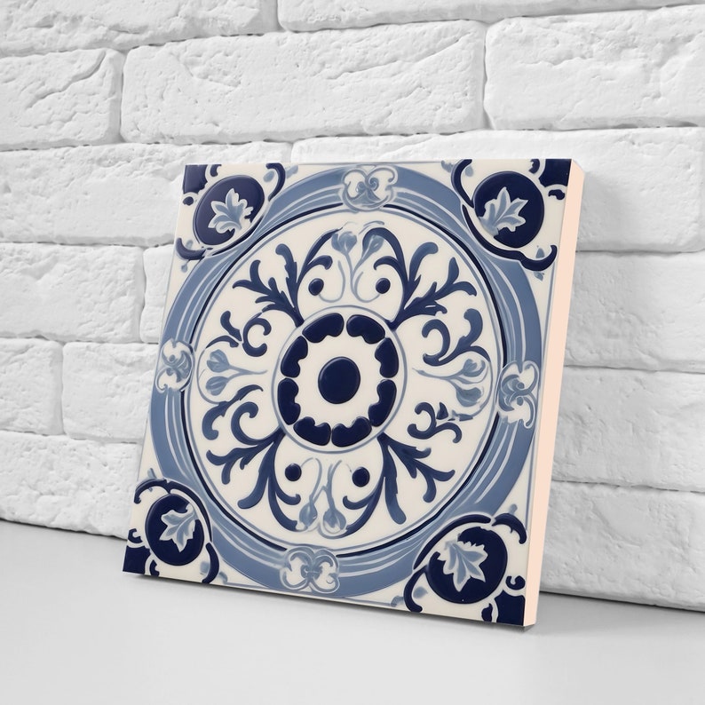Greek Pattern Tile, Blue White Ceramic Wall Art, Mediterranean ...