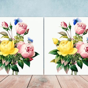 Floral Roses Tiles Flowers Design - Set of 2 Roses Ceramic tiles Wall Décor Flower Tiles - Kitchen Backsplash Tiles, Decorative Tiles,