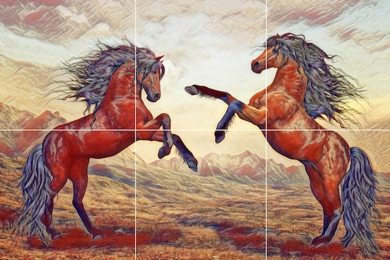 馬のタイル壁画：カラフルな乗馬用陶器の田舎の壁アート - Etsy 日本