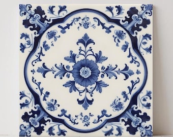 Delft Blue Floral Ceramic Tile: Flower Kitchen Backsplash Bathroom Decor