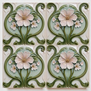 アールヌーボー様式の花柄セラミックタイル、ヴィンテージ風の植物柄壁装飾、花柄のバックスプラッシュアクセント 画像 4