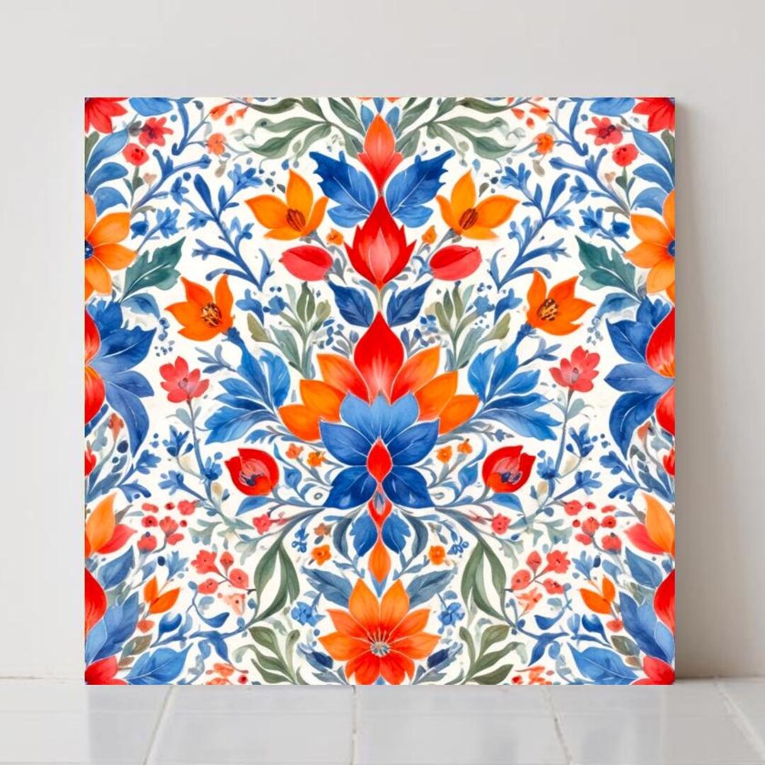 Set of 2 Mexican Ceramic Tiles: Floral Wall Decor, Kitchen Backsplash ...