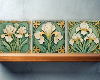 Art Nouveau Flower Ceramic tiles - Set of 3 Art Nouveau Wall Decor Tiles - Kitchen Backsplash Tiles, Table Decorative Tiles, Bathroom Tiles