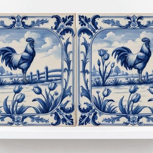 Rooster Tile-Delft Bird-Dutch Blue Ceramic Tile - Set of 2 Ceramic Delftware Tiles-Delft Prints-Kitchen Backsplash,Sink,Bathroom,Shower Wall