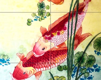 Tile Mural/Mosaic Ceramic Panel of a Japanese Koi Fish Japan Painting - Colourful Wall Nature Art - Tile Mural - Gloss Tiles - Tile Mosaic