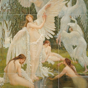 Tile Mural/Mosaic Ceramic Panel of Walter Crane The Swan Maidens - Walter Crane wall art - Art Nouveau Tile Mural -Crane print - Tile Mosaic