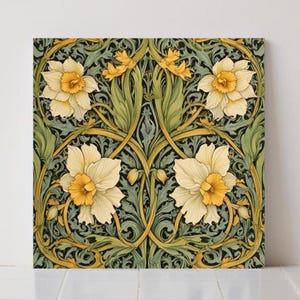Daffodil Flower Ceramic Tile, William Morris Art Nouveau Botanical Floral Wall Art