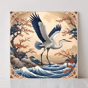 Japanese Heron Ceramic Tile, Asian Bird Wall Decor, Nature Backsplash Accent, Zen Decorative Tile