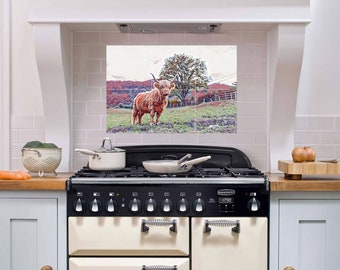 Tegelmuurschildering Highland Cow: muurkunst Schotse boerderij platteland