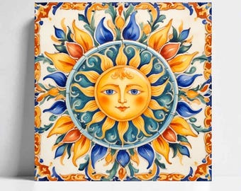 Italian Majolica Sun Tiles: Mediterranean Ceramic Wall Decor - Set of 2